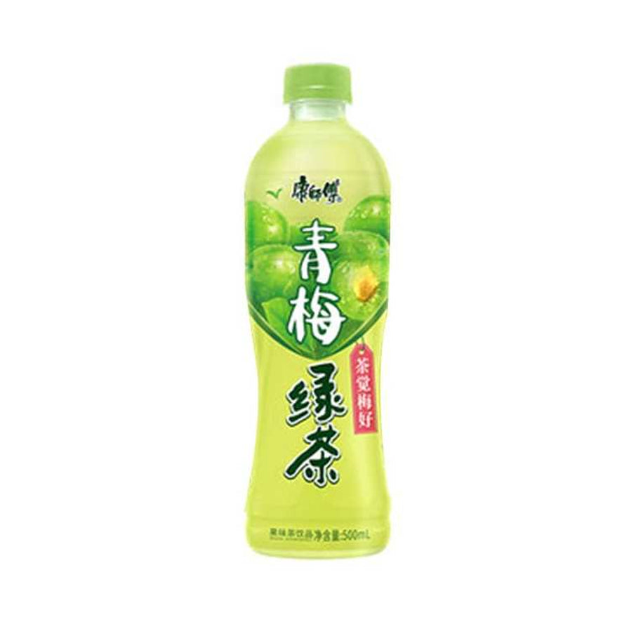 康师傅青梅绿茶500ml瓶装，嫩绿色包装，酸甜青梅配清爽绿茶。