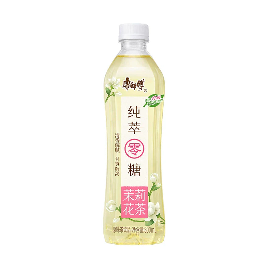 康师傅纯萃零糖茉莉花茶500ml瓶装，白色简约包装配粉色点缀，无糖花茶。
