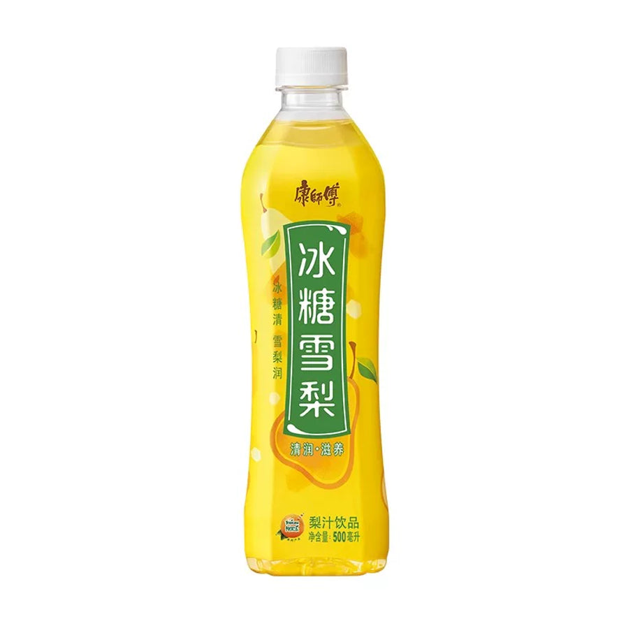 康师傅冰糖雪梨500ml瓶装，黄色瓶身，主打清润滋养。