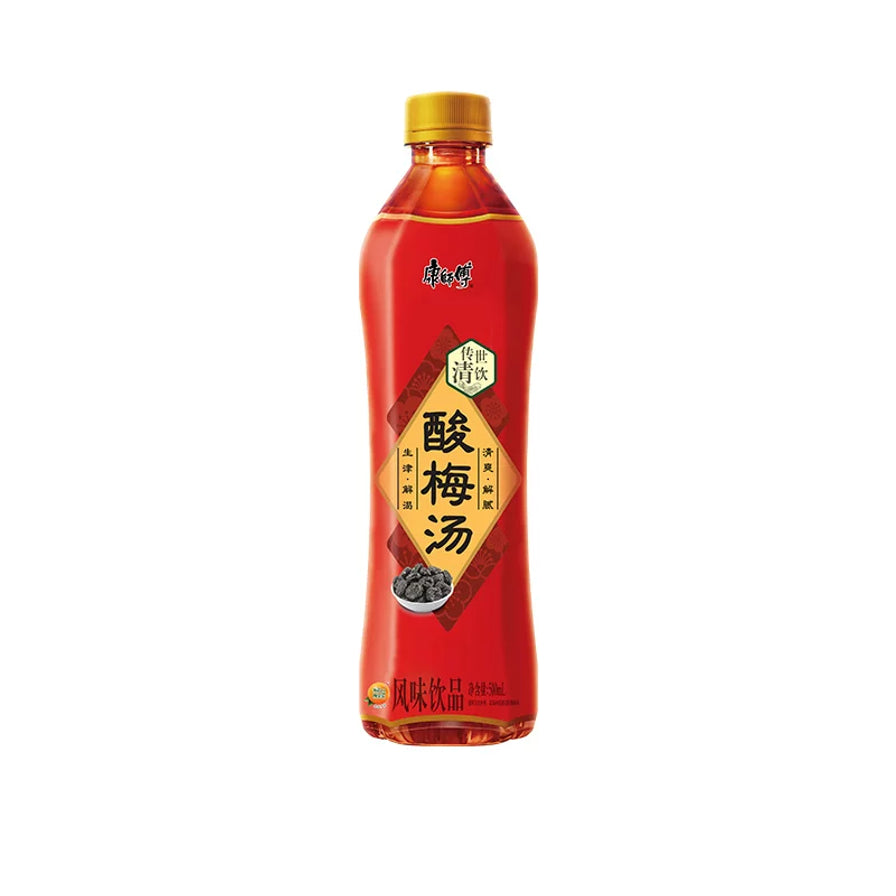 康师傅陈皮酸梅汤500ml瓶装，红色瓶身，古法清饮风味。