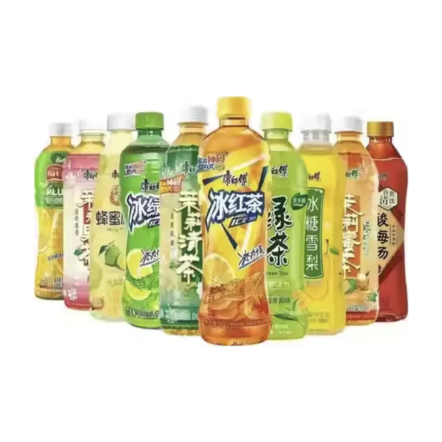 康师傅茶饮系列全家福，包含冰红茶、绿茶、茉莉蜜茶、冰糖雪梨等多种口味的500ml瓶装展示。