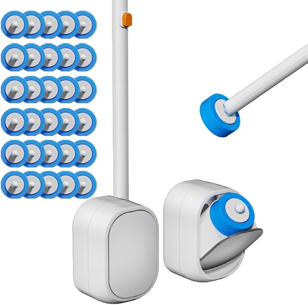 Ktsuoto 一次性马桶刷套装，含壁挂支架、刷柄及替换刷头，展示免打孔收纳与清洁组件。