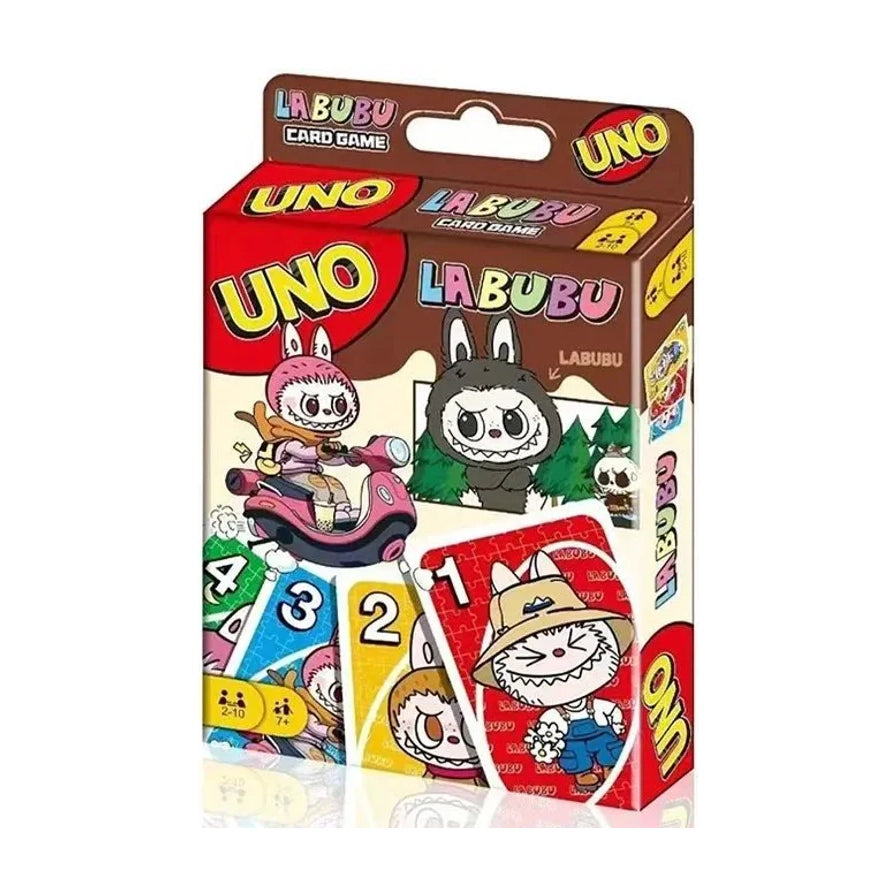 Labubu与UNO联名款卡牌游戏包装盒，封面印有骑摩托车的Labubu形象及经典UNO标志。