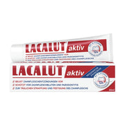 德国 LACALUT 乐卡露 aktiv 护龈牙膏 100ml 包装盒与管身展示，红白配色设计，标注有 12 小时长效守护标识。