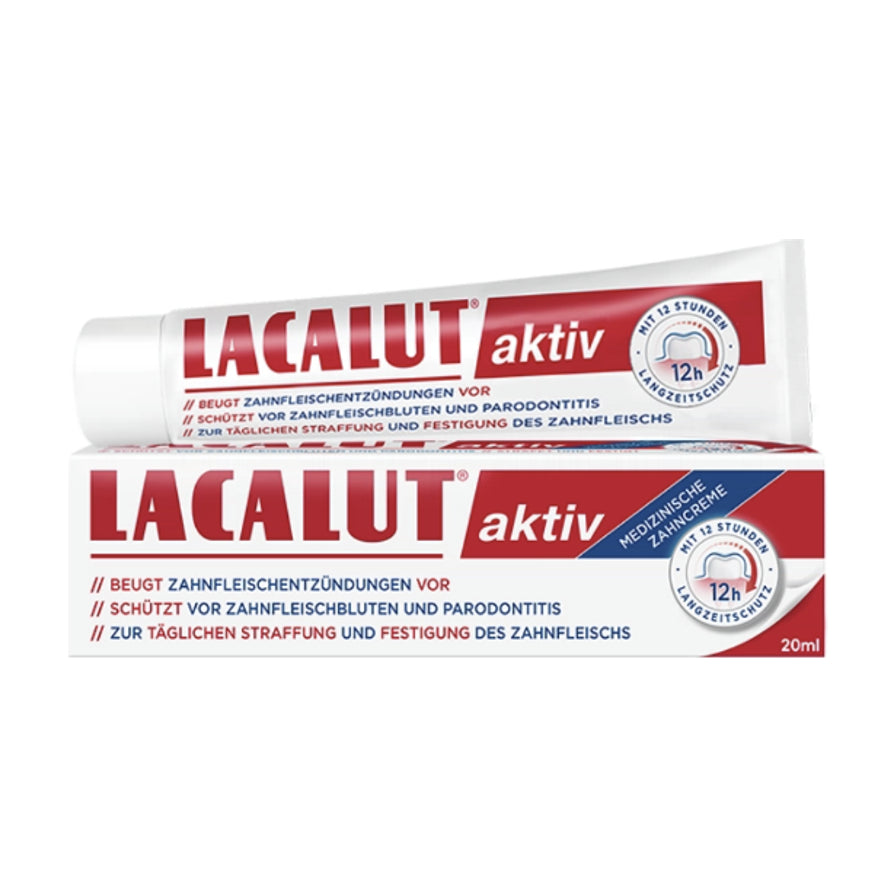 德国 LACALUT 乐卡露 aktiv 护龈牙膏 100ml 包装盒与管身展示，红白配色设计，标注有 12 小时长效守护标识。