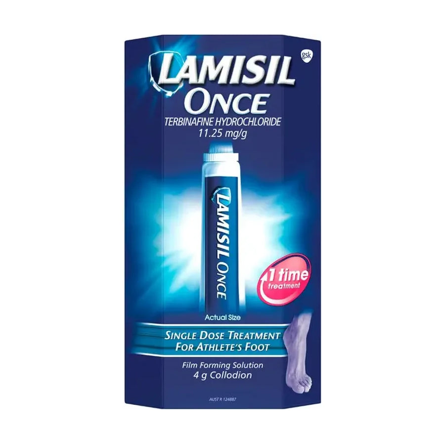 蓝色 Lamisil Once 脚气膏盒装正面，中央为药膏管图案，底部有脚部示意图