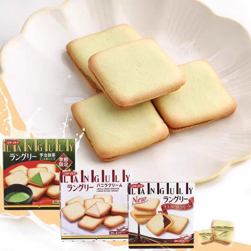 日本 Languly 夹心饼干三种口味展示：香草奶油、抹茶奶油和巧克力奶油的独立包装。