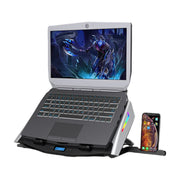 冰尊 N10 笔记本散热器，银灰色机身，侧边带有 RGB 灯效，前端集成手机支架并放置了一部手机，上方承托着一台开启状态的笔记本电脑。
