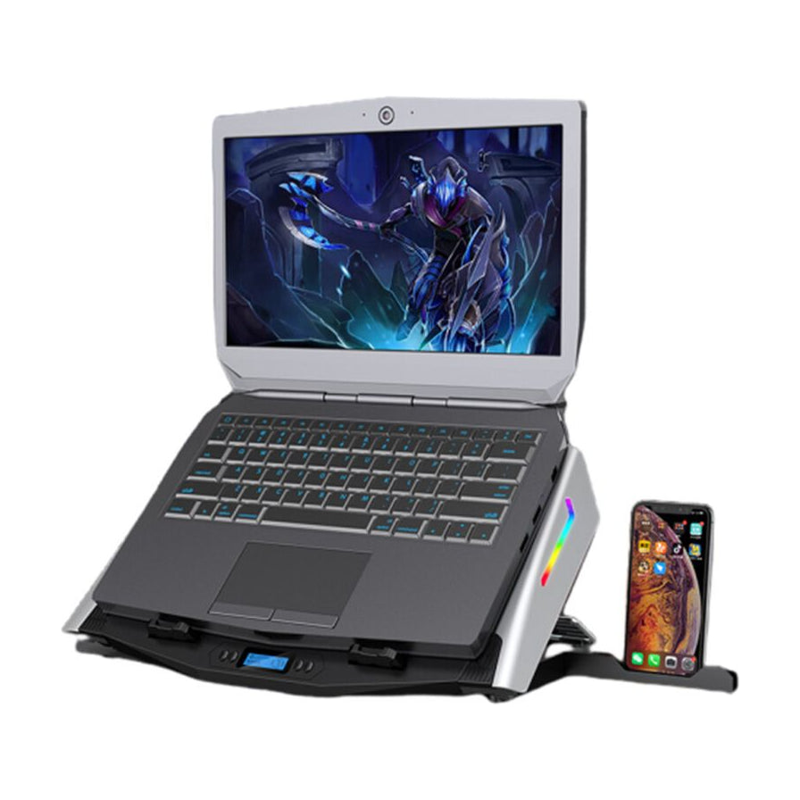 冰尊 N10 笔记本散热器，银灰色机身，侧边带有 RGB 灯效，前端集成手机支架并放置了一部手机，上方承托着一台开启状态的笔记本电脑。
