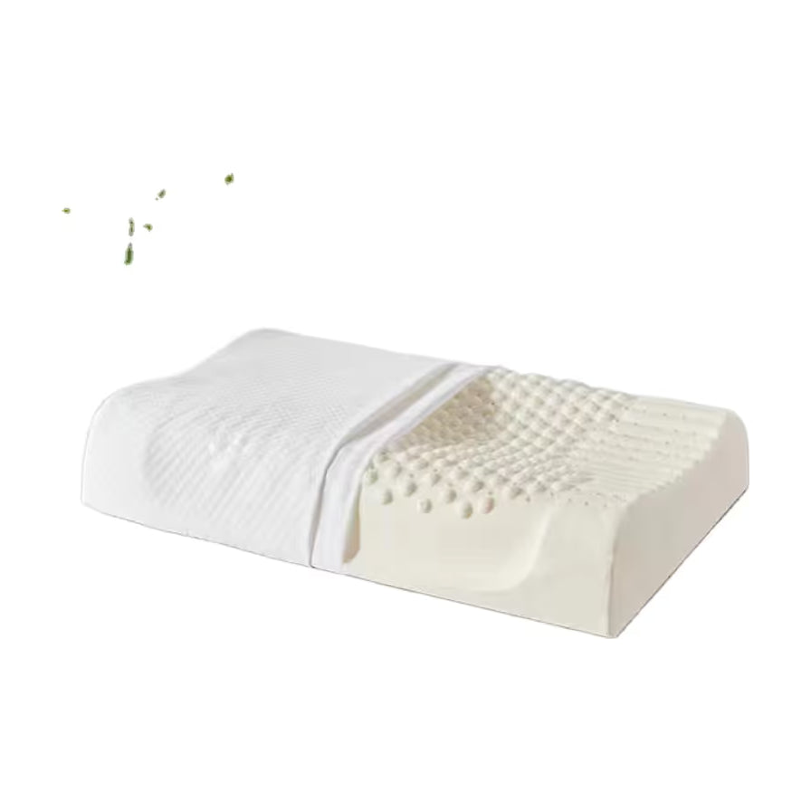 白色乳胶记忆枕，展示枕芯的颗粒按摩结构和白色针织枕套。