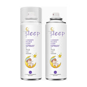 两瓶并排展示的150ml安睡喷雾，白色瓶身印有紫色Sleep字样、薰衣草图案及卡通婴儿睡眠插画。