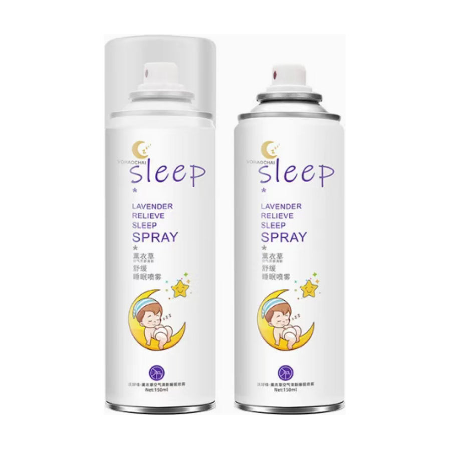 两瓶并排展示的150ml安睡喷雾，白色瓶身印有紫色Sleep字样、薰衣草图案及卡通婴儿睡眠插画。