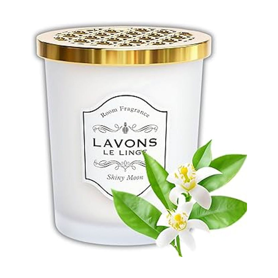 LAVONS 室内香薰香槟月夜展示图，金色镂空盖设计，右下角配有白色花朵与绿叶装饰。