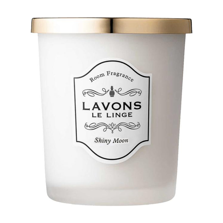 LAVONS 室内香薰香槟月夜正面特写，白色磨砂玻璃瓶身搭配金色盖子，标签印有品牌及香型名称。