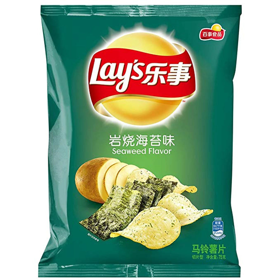 乐事岩烧海苔味薯片包装袋，深绿色背景，配有海苔和土豆片图案。