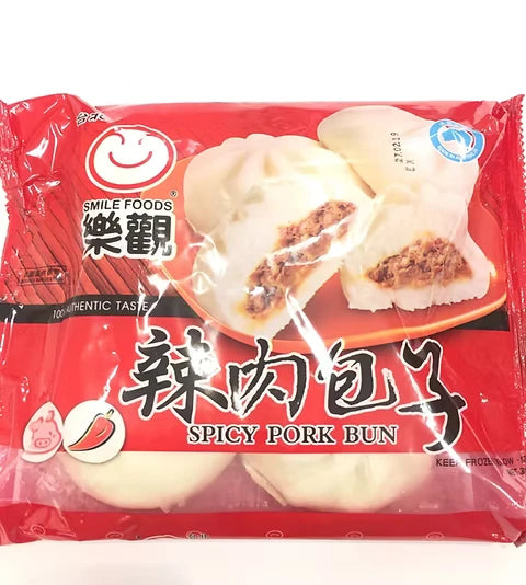台湾乐观辣味大肉包包装图，红色标识突出香辣口味