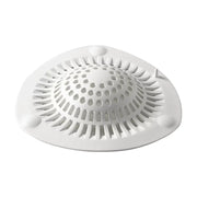 白色圆形地漏过滤网，具有精细网眼和凸起中心设计，适用于浴室和厨房。