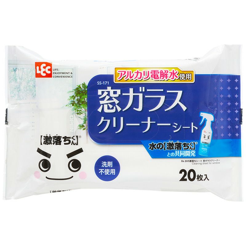 LEC 激落君玻璃清洁湿巾包装正面，展示日本原装标识与 20 枚入规格