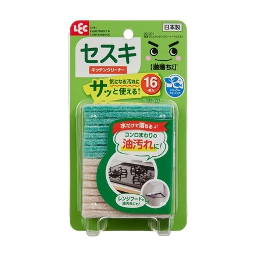 LEC日产灶台去污海绵擦包装正面图，显示绿色包装袋内含16枚双面海绵，包装上有燃气灶和油烟机清洁示意图。
