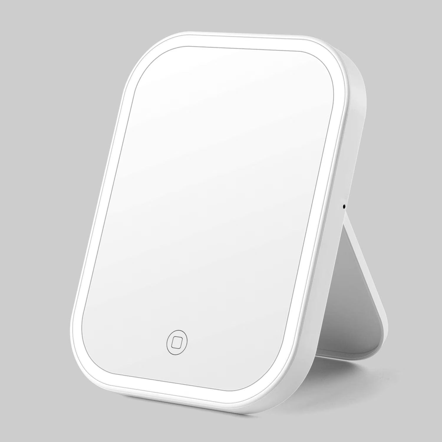 白色 LED 化妆镜正面展示，带支架和触摸开关，适用于桌面补光。