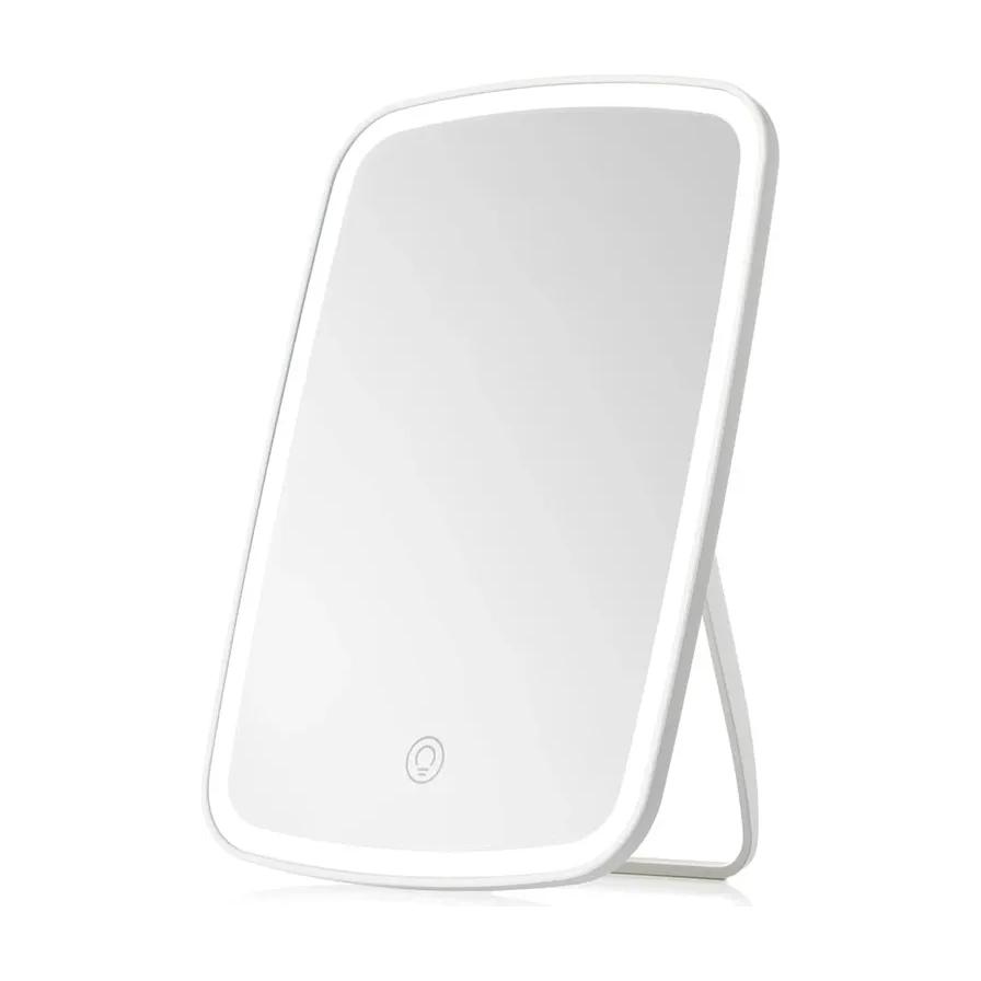 白色方形 LED 化妆镜正面展示，带有环绕灯带和底部触控开关。