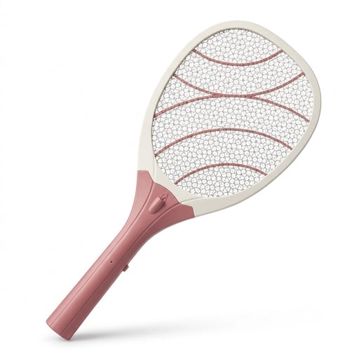 LED 电蚊拍产品特写，展示带有安全防护网的电网结构和手柄设计