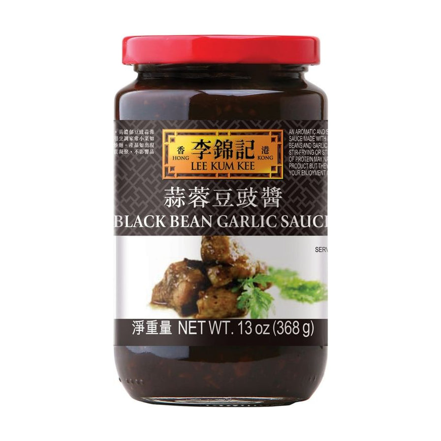 李锦记蒜蓉豆豉酱正面包装图，红色瓶盖，标签显示净含量368克，印有排骨烹饪示意图。