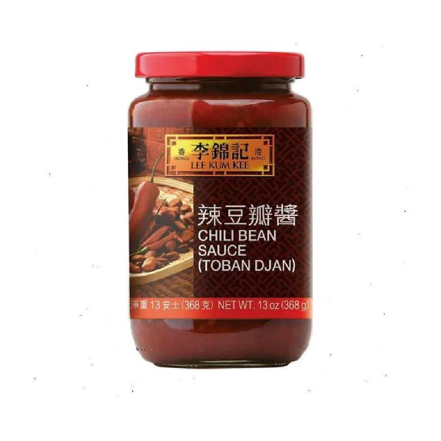 李锦记辣豆瓣酱玻璃瓶装正面图，展示品牌Logo、产品名称及368克净含量信息。