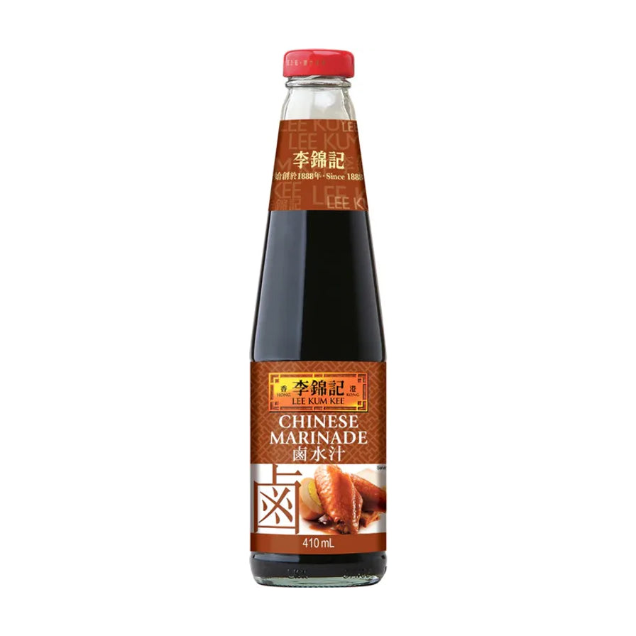 李锦记卤水汁410毫升瓶装，正面标签显示品牌Logo、产品名称及卤鸡翅效果图。