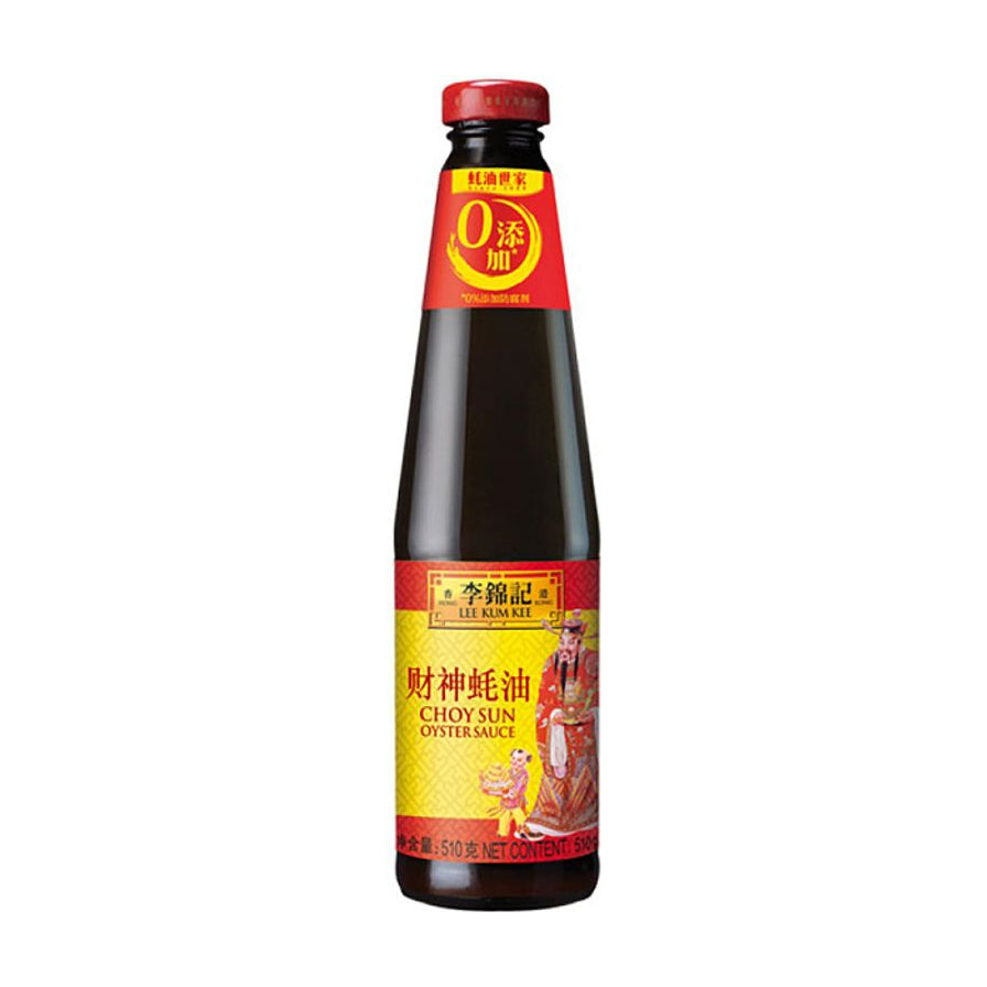 李锦记财神蚝油510克瓶装，瓶身印有财神图案，颈标显示0%添加防腐剂。