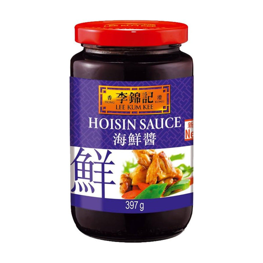 李锦记海鲜酱397克瓶装，正面标签显示品牌Logo、中英文品名Hoisin Sauce及烹饪建议图。