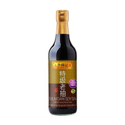 李锦记特级老抽瓶装正面图，金色瓶盖，标签印有特级老抽字样及红烧上色说明