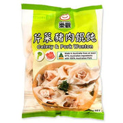 乐观手工大馄饨包装正面图，口味为芹菜猪肉，350g 家庭装