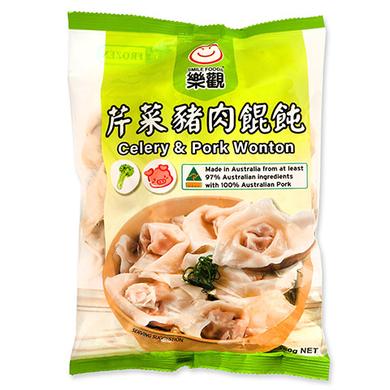 乐观手工大馄饨包装正面图，口味为芹菜猪肉，350g 家庭装