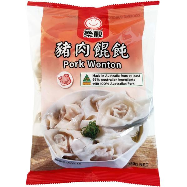 乐观手工大馄饨包装正面图，口味为纯猪肉，350g 家庭装
