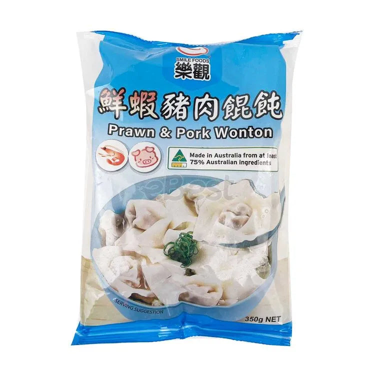 乐观手工大馄饨包装正面图，口味为鲜虾猪肉，350g 家庭装