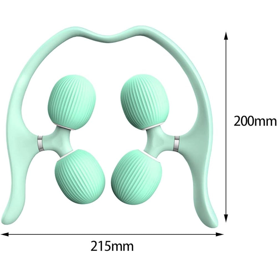 绿色环绕式腿部按摩器，标注有产品尺寸：高度200mm，宽度215mm。