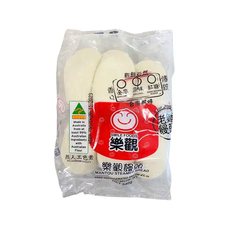 乐观全麦老面馒头特写，展示扎实表皮与谷物纹理的冷冻面点包装图