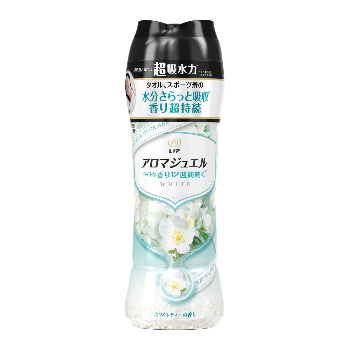 P&G Lenor 衣物留香珠白茶花香瓶身正面特写，展示颗粒状产品与品牌标识