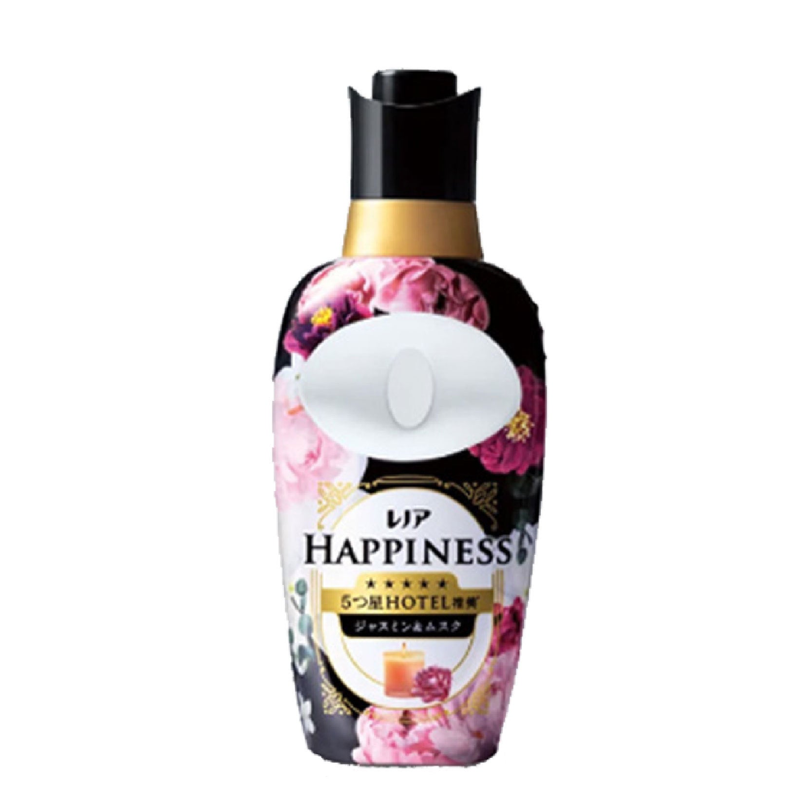 日本宝洁 Lenor Happiness 衣物柔顺剂瓶身正面图，展示品牌标识与产品包装
