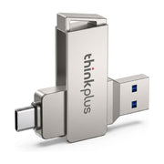联想 ThinkPlus 64GB 手机 U 盘，采用锌合金材质，展示 Type - C 和 USB - A 双接口设计，白色背景。