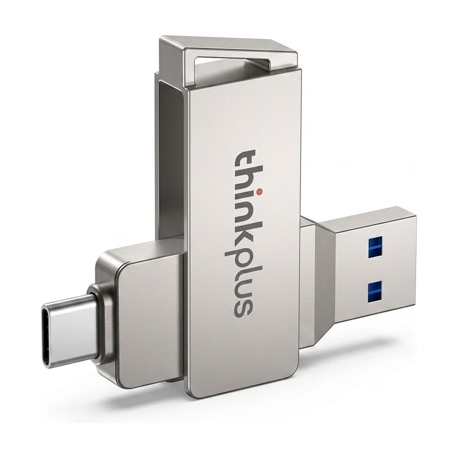 联想 ThinkPlus 64GB 手机 U 盘，采用锌合金材质，展示 Type - C 和 USB - A 双接口设计，白色背景。