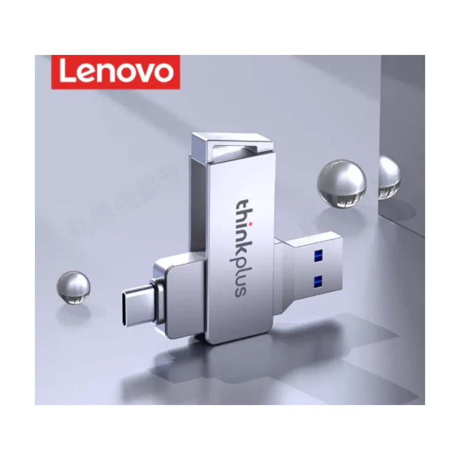 联想 ThinkPlus 手机 U 盘在金属质感背景下的特写，左上角带有红色 Lenovo 标志。