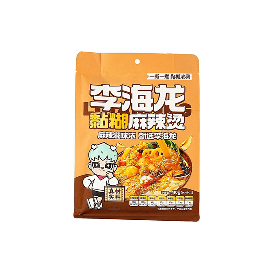 李海龙黏糊麻辣烫包装正面图，展示了浓郁挂汁的麻辣烫效果图及卡通形象。