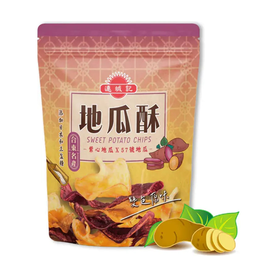 连城记双色地瓜酥包装图，包含紫心及57号地瓜切片，标有台东名产字样。