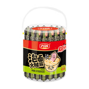 力诚泡面火腿肠家庭装，透明手提桶装，内含多支独立包装的火腿肠，包装上有可爱的泡面插画。