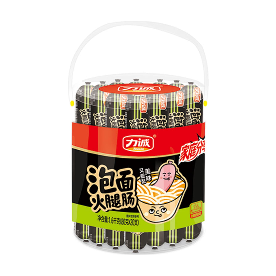 力诚泡面火腿肠家庭装，透明手提桶装，内含多支独立包装的火腿肠，包装上有可爱的泡面插画。