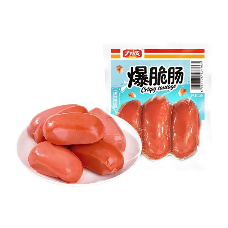 力诚爆脆肠原味包装袋与盘中展示的Q弹肉质小香肠。