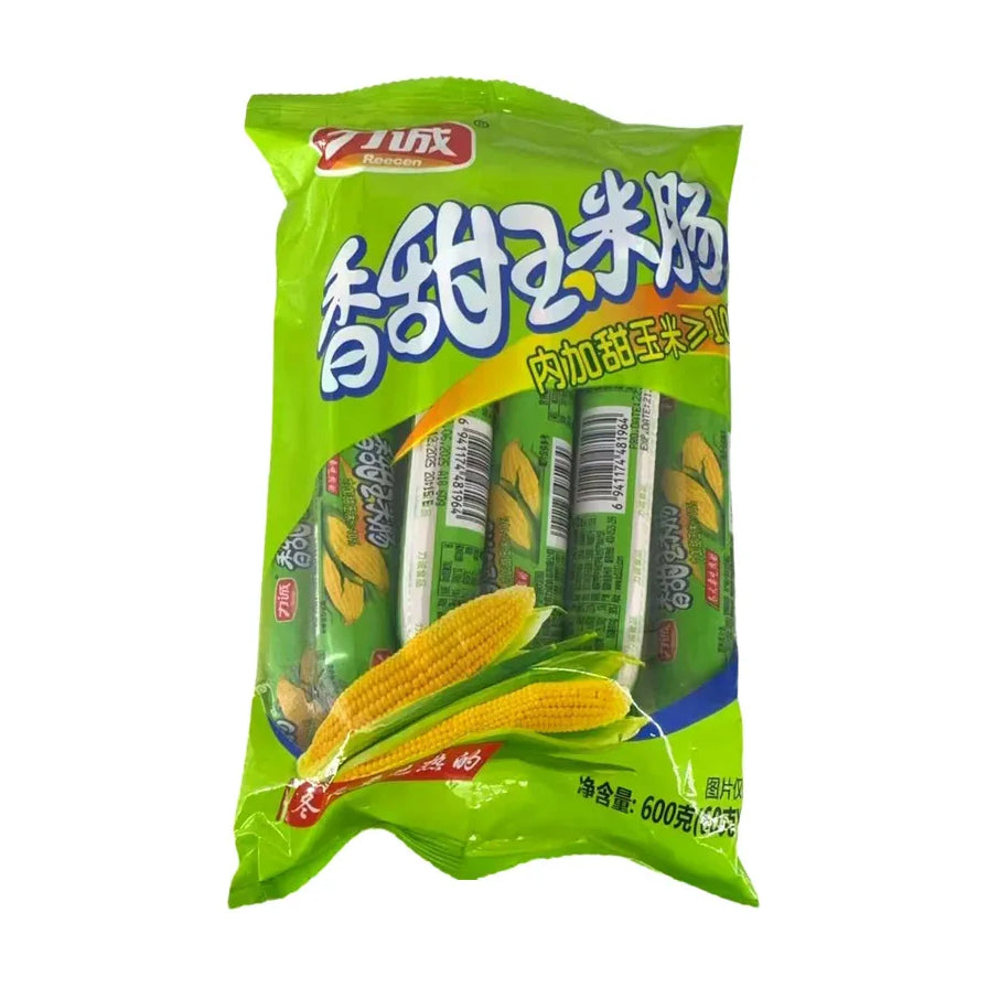 力诚香甜玉米肠600g大包装，内含10支独立包装，包装袋上印有鲜嫩玉米图案，展示了内加甜玉米的特点。