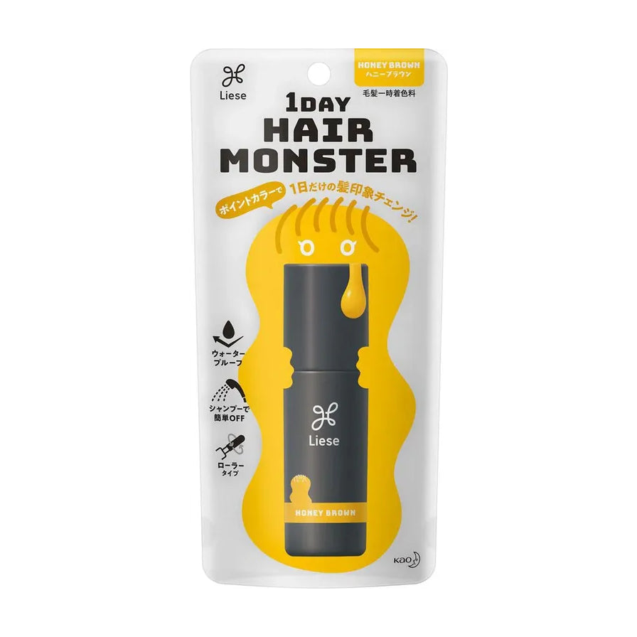 Liese 1Day Hair Monster 临时染发喷雾黄色款包装正面图，展示蜂蜜棕色瓶身与卡通发丝设计。